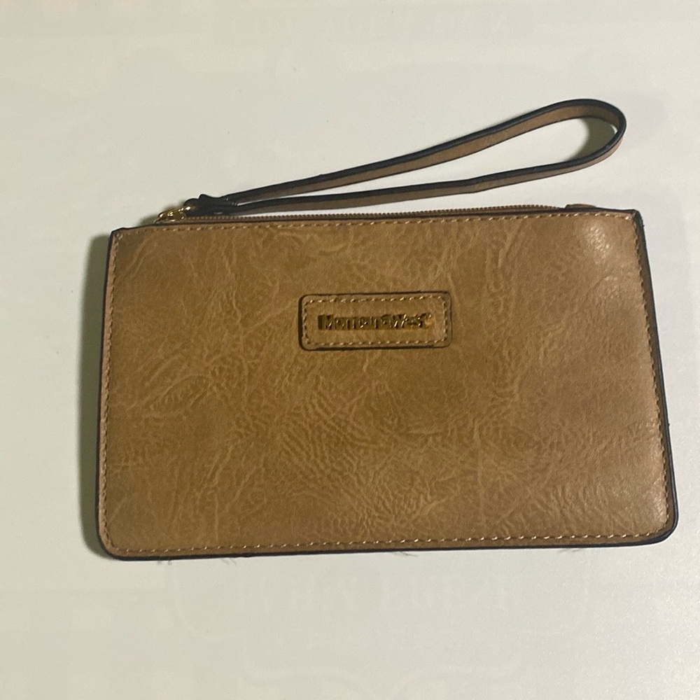 Montana West Leather Wristlet Carmel Tan with Gold Tone Hardware and black trim